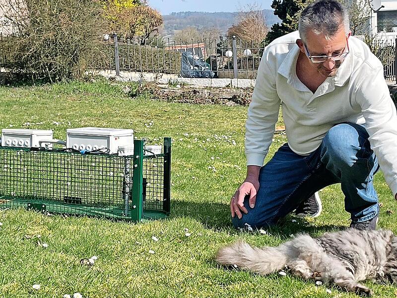 Matthias Jung hat seine Erfindung immer wieder ausprobiert und mit der eigenen XL-Norwegerkatze vor Ort ganz praktisch getestet.