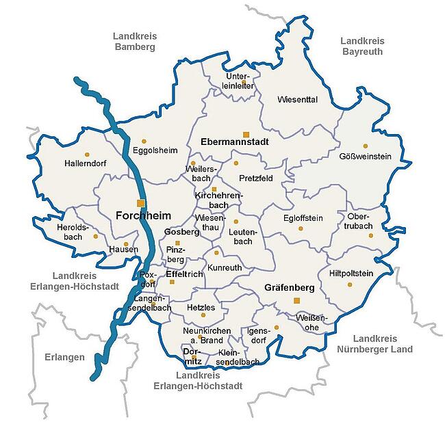 Der Landkreis Forchheim in seinen gewohnten Grenzen. Im Südwesten des Landkreises wird sich diese Grenzen aber schon bald ändern. Aber warum?Forchheim & Fränkische Schweiz