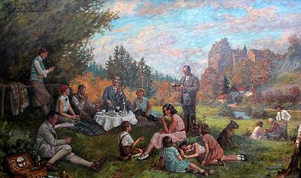 1931 ließ sich Fritz Hornschuch mit seiner Frau Minnalotte und Freunden von Michel Weiß bei einem Picknick im Wiesenttal in der Fränkischen Schweiz malen. Das Ehepaar befindet sich rechts am Tisch. 1931 ließ sich Fritz Hornschuch mit seiner Frau Minnalotte und Freunden von Michel Weiß bei einem Picknick im Wiesenttal in der Fränkischen Schweiz malen. Das Ehepaar befindet sich rechts am Tisch.