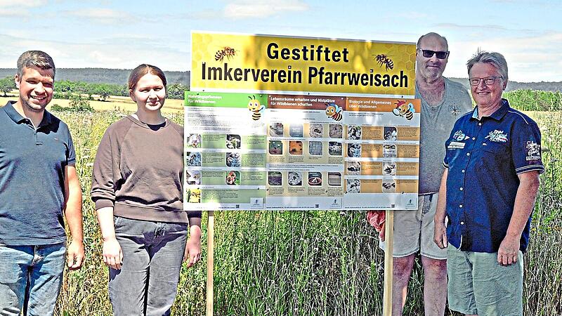 Speziell für Wildbienen hat der Imkerverein Pfarrweisach diese Informationstafel aufgestellt. Darüber freuen sich der Vorsitzende des Imkervereins, Dieter Müller, sowie Thomas Schad und Laura Dirauf aus dem Vorstand und Bürgermeister Lukas Ender. ... Speziell für Wildbienen hat der Imkerverein Pfarrweisach diese Informationstafel aufgestellt. Darüber freuen sich der Vorsitzende des Imkervereins, Dieter Müller, sowie Thomas Schad und Laura Dirauf aus dem Vorstand und Bürgermeister Lukas Ender. ...