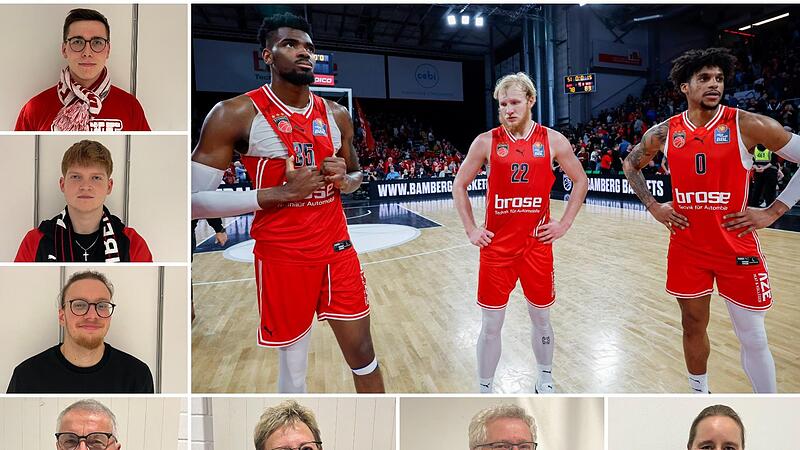 EJ Onu, Trey Woodbury und Justin Gray (von links) waren nach der Heimniederlage bedient. Die Bamberger Fans (von oben links nach unten rechts) Leo Folgmann, Philipp Carter, Nico B&uuml;rger, &Auml;gidius Dillinger, Barbara Dillinger, Franz Uttenreuther und ...