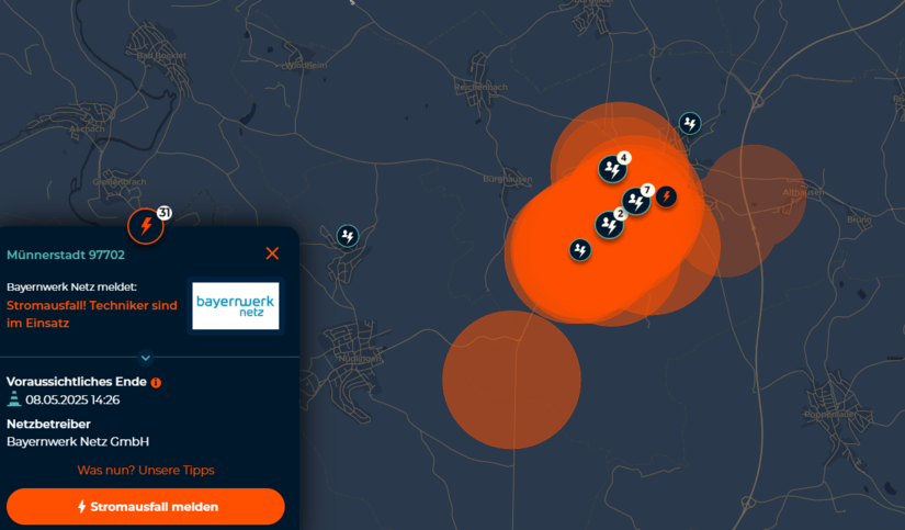 Mehr als 30 Meldungen gab es mittlerweile &uuml;ber den Stromausfall, verzeichnet auf einer Karte von st&ouml;rungsauskunft.de