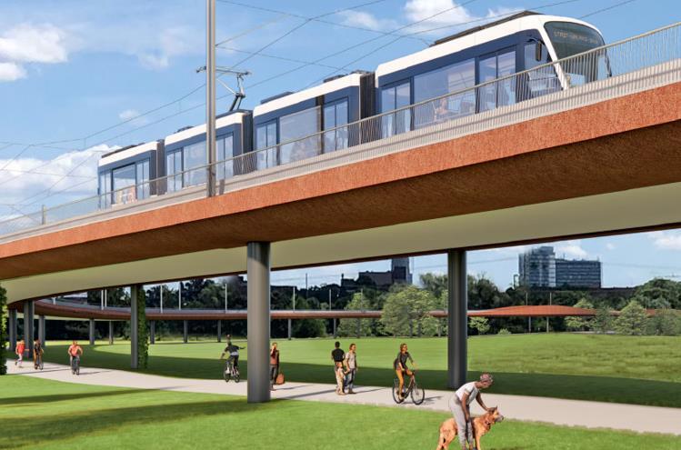 Vision der neu geplanten Brücke über den Regnitzgrund, Blick Richtung Wöhrmühlinsel. Über diese Brücke soll die Stadt-Umland-Bahn (Stub) einmal von Erlangen nach Herzogenaurach abbiegen.