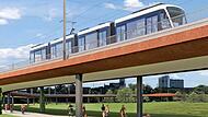 Vision der neu geplanten Brücke über den Regnitzgrund, Blick Richtung Wöhrmühlinsel. Über diese Brücke soll die Stadt-Umland-Bahn (Stub) einmal von Erlangen nach Herzogenaurach abbiegen.