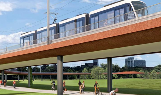 Vision der neu geplanten Brücke über den Regnitzgrund, Blick Richtung Wöhrmühlinsel. Über diese Brücke soll die Stadt-Umland-Bahn (Stub) einmal von Erlangen nach Herzogenaurach abbiegen. Über diese Brücke über den Regnitzgrund soll die Stadt-Umland-Bahn (Stub) einmal von Erlangen nach Herzogenaurach abbiegen. Bis das der Fall sein wird, sind die letzten Diskussionen um das Bauprojekt noch lange nicht gefochten.