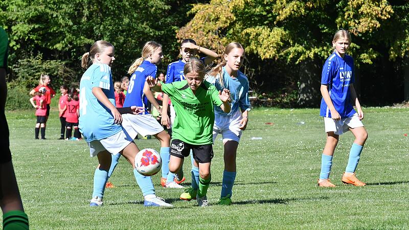 Unser Bild zeigt die Gruppenpartie beim Ballbina-Cup in Ebenhausen zwischen dem FC WMP Lauertal (in Gr&uuml;n) und dem TSV Waldfenster (in Hellblau).