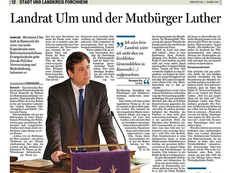 Eine Auswahl von Zeitungsartikeln des Fr&auml;nkischen Tags w&auml;hrend Hermann Ulms Amtszeit von 2014 bis heute.