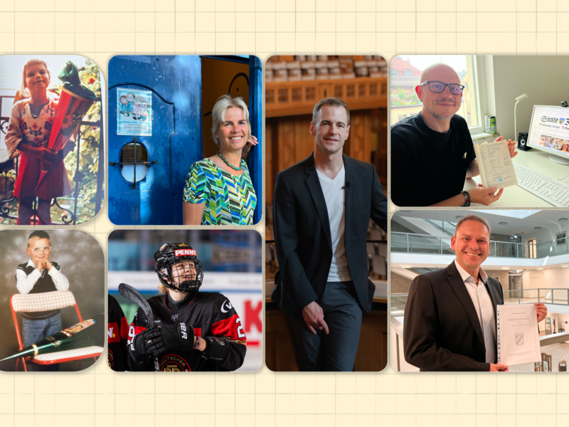 Zeigt her eure Zeugnisse: Gunhild Seitz (von links), Alexander Steinbeis, Karl Kovacs, Mario G&ouml;tz (links unten, als Kind), Nina Christof, Landrat Mario G&ouml;tz (heute)