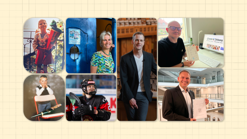 Zeigt her eure Zeugnisse: Gunhild Seitz (von links), Alexander Steinbeis, Karl Kovacs, Mario G&ouml;tz (links unten, als Kind), Nina Christof, Landrat Mario G&ouml;tz (heute)
