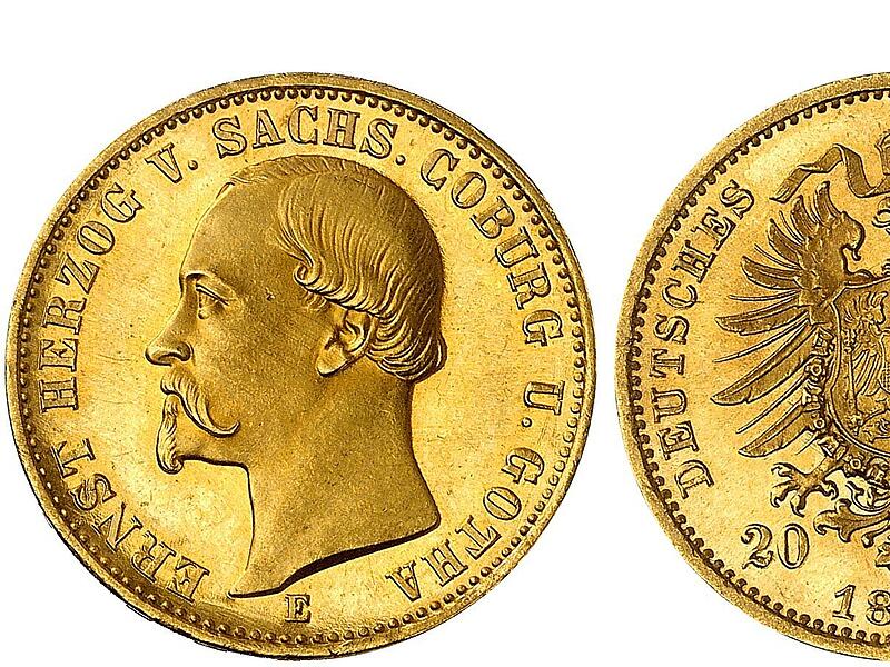 20-Mark-Stück Herzog Ernst II. von Sachsen-Coburg und Gotha aus dem Jahr 1872 20-Mark-Stück Herzog Ernst II. von Sachsen-Coburg und Gotha aus dem Jahr 1872