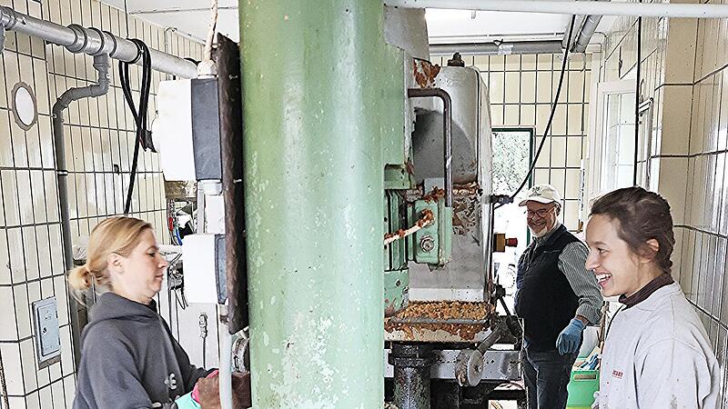 Das gewaschene Obst wird zur Obstpresse gef&ouml;rdert, an der Judith Freund (links) und Tonia Berninger (rechts) besch&auml;ftigt sind.