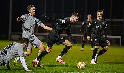 Zwei Urgesteine unter sich: Tobias Linz (links) und der FC Eintracht Bamberg mussten gegen Zweitligist F&uuml;rth um Kapit&auml;n Branimir Hrgota vor allem gut verteidigen.