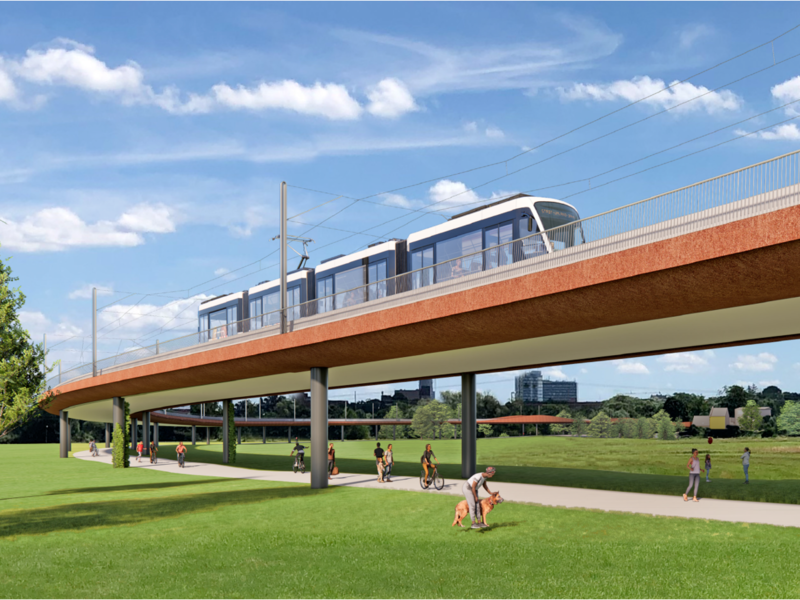 Vision der neu geplanten Brücke über den Regnitzgrund, Blick Richtung WöhrmühlinselForchheim & Fränkische Schweiz Über diese Brücke soll die Stadt-Umland-Bahn (StUB) einmal von Erlangen nach Herzogenaurach abbiegen. Doch noch nicht gibt es Fragezeichen.