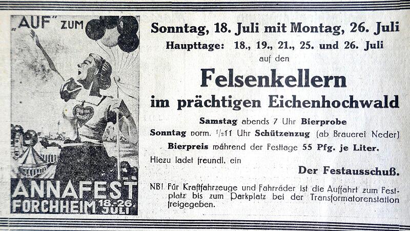 Diese Werbung für das Annafest wurde als Inserat in der Forchheimer Tageszeitung, 10. Juli 1937, geschaltet. Repros: Manfred Franze Diese Werbung für das Annafest wurde als Inserat in der Forchheimer Tageszeitung, 10. Juli 1937, geschaltet. Repros: Manfred Franze