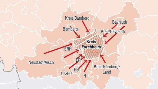 Einpendler in den Landkreis Forchheim:2552Erlangen-Höchstadt2425Landkreis Bamberg1504Erlangen, Stadt1073Nürnberg, Stadt906Landkreis Bayreuth712Bamberg, Stadt430Fürth, Stadt400Nürnberger Land181Landkreis Fürth135Neustadt a.d. AischForchheim & Fränkische Schweiz