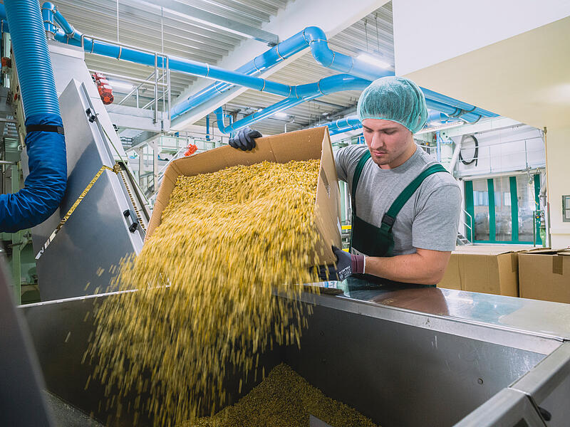 Bevor das pflanzliche Rohmaterial in die Produktionsmaschinen gesch&uuml;ttet wird, m&uuml;ssen Fremdstoffe wie kleine Steinchen aussortiert werden. Ein Labor untersucht das Pflanzenmaterial au&szlig;erdem auf unerw&uuml;nschte Stoffe.