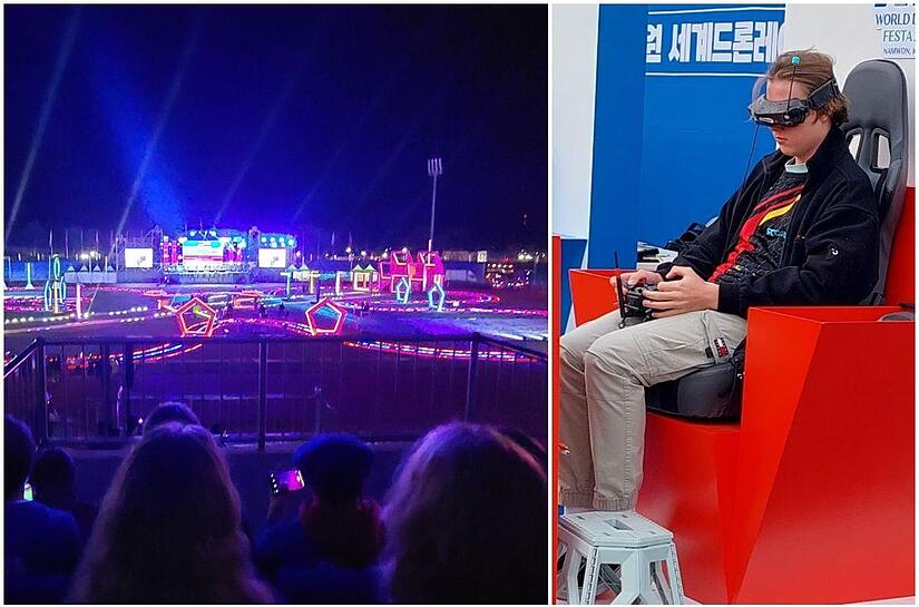 8000 Zuschauer und nur wenige freie Plätze: Im Stadion im südkoreanischen Namwon  hat die „World Drone Racing Championship“ stattgefunden. Mit dabei war auch Felix Strohmeier (r.) aus Roßdorf am Forst.