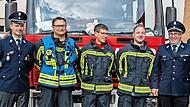 Das Bild zeigt die Gold-Rot-Absolventen (von links): Zweiter Kommandant Daniel Wimmer (FF Walsdorf), Kommandant Markus Hemm (FF Erlau), Martin Müller (FF Erlau), Thomas Diegel (FF Walsdorf) und KBM Thomas Feulner (FF Walsdorf).