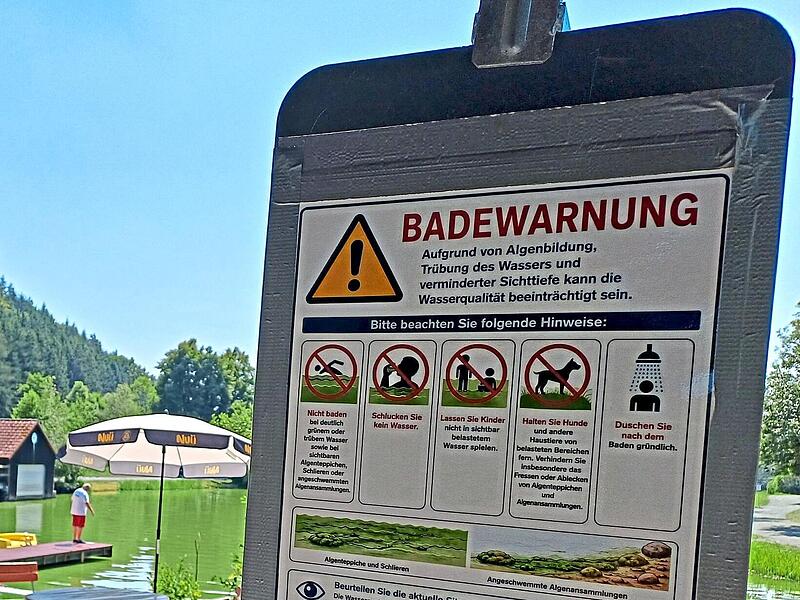 Mit solchen Schildern weisen die Verantwortlichen darauf hin, dass es aufgrund der Belastung durch sogenannte Blaualgen eine Badewarnung f&uuml;r den Trebgaster Badesee gibt.Jochen N&uuml;tzel