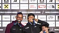 Der Kulmbacher Phil Hrozek belegte beim Kletter-Weltcup in Innsbruck den 2. Platz hinter Brayden Butler (Mitte) und vor Benjamin Mayforth (rechts).