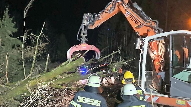 Einsatz der Feuerwehren im Wald an der Kreisstraße zwischen Rothenkirchen und Buchbach. 60 bis 70 umgestürzte Bäume wurden in der Sturmzeit im Marktgemeindebereich Pressig von den Feuerwehren entfernt.