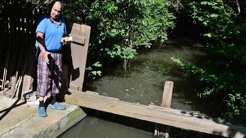 Karlheinz Stumpf zeigt die Stelle an seinem Wehr hinter dem Haus, in dem er die toten Fische entdeckte.