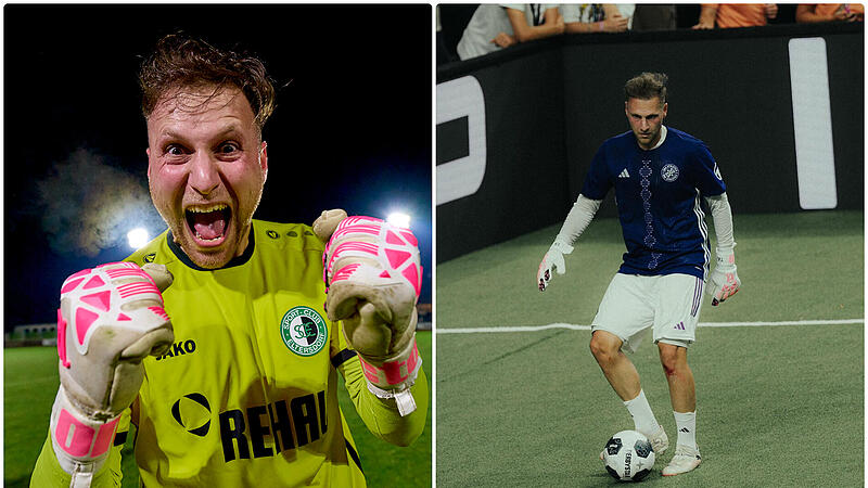 Keeper Tugay Akbakla h&uuml;tete lange Zeit das Tor des SC Eltersdorf (li.). Mit den DNA Athletics trat er zuletzt in der Icon League an (re.).