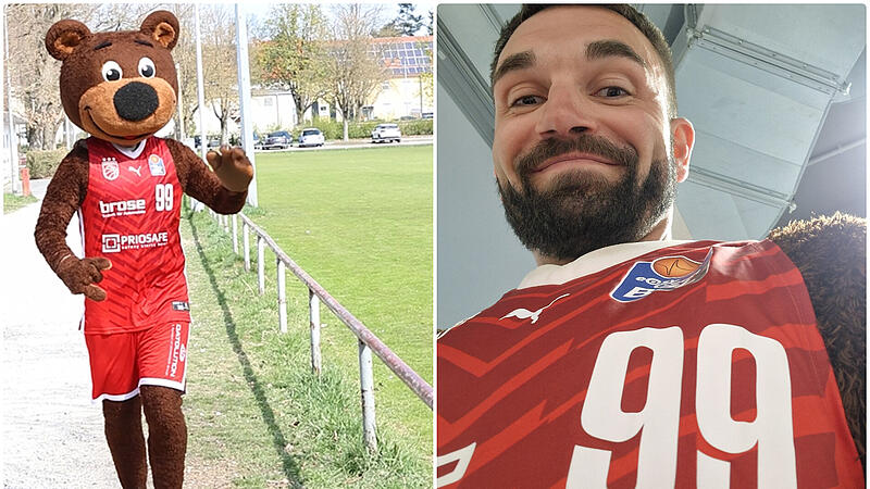 Er ist Freaky - aber nur f&uuml;r den Weltkulturerbelauf: Marathonl&auml;ufer Andreas Deuerling (re.) schl&uuml;pft am 04. Mai in das Kost&uuml;m des Maskottchens der Bamberg Baskets. Daf&uuml;r hat er auch schon trainiert (li.).