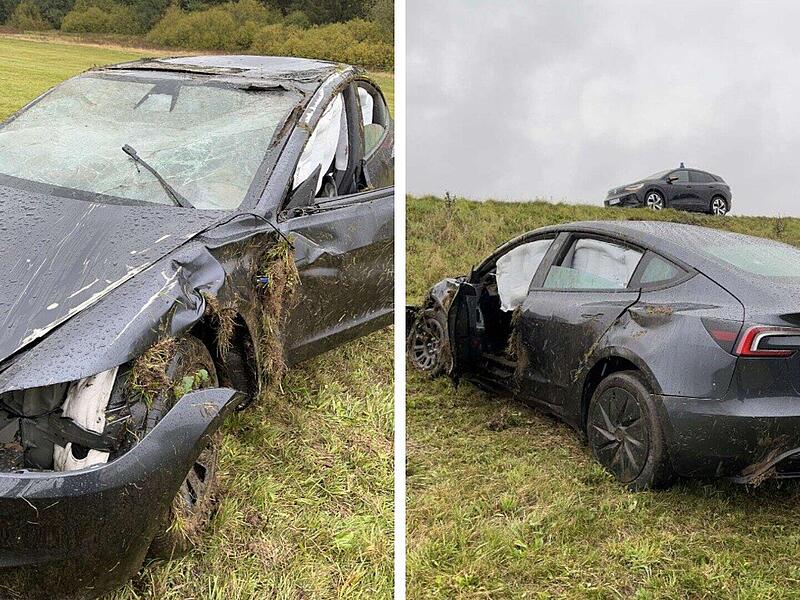Tesla &uuml;berschl&auml;gt sich bei Unfall im Kreis Kronach und landet auf Feld
