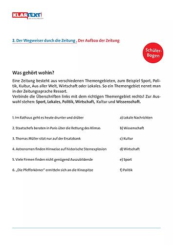 Arbeitsblätter zum Kapitel 2: Der Wegweiser durch die Zeitung