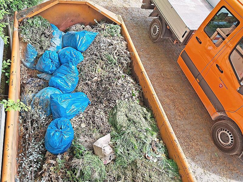 Illegal angelieferter Gr&uuml;nabfall in Kunststoffs&auml;cken verunreinigt den Kompost auf den Friedh&ouml;fen in der Stadt.