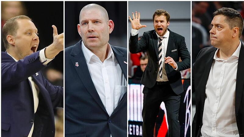 Nur zwei dieser vier Trainer ziehen mit ihren Mannschaften in die Play-offs der Basketball-Bundesliga ein (von links): Christian Held (Rostock Seawolves), Oren Amiel (Brose Bamberg), Anton Gavel (Ratiopharm Ulm) und Sasa Filipovski (W&uuml;rzburg Baske...