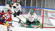 Schon eng zusammen, und trotzdem fielen in sechs Scheiben ins Netz: Für Höchstadts Goalie Nico Zimmermann war gegen den Deggendorfer SC nach etwas mehr als einer halben Stunde Schluss. Luca Ganz kam zu seiner Pflichtspielpremiere für die Alligators.