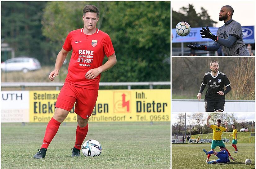 Neun Zug&auml;nge verzeichnet der FC Strullendorf um Spielertrainer Michael Pf&auml;nder (li.). Unter anderem verst&auml;rken Michael Edemodu, Moritz Musik und Pascal Schneider (rechts, von oben) den Kreisliga-Aufsteiger.