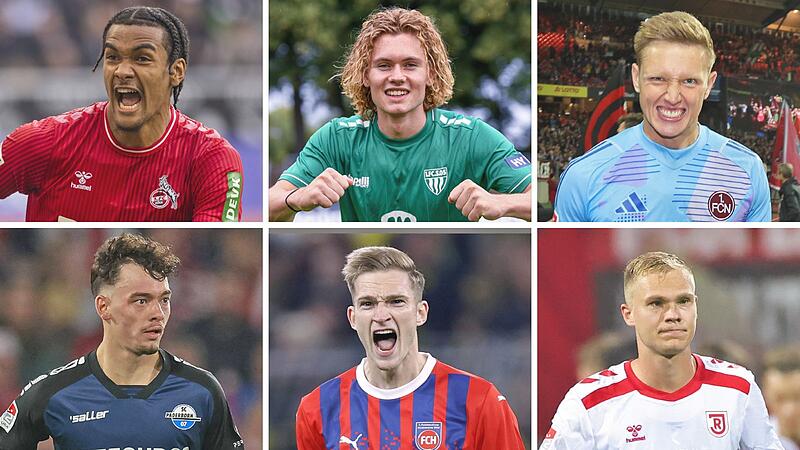 Unterfr&auml;nkische Talente im h&ouml;herklassigen Fu&szlig;ball (von links): Damion Downs beim 1. FC K&ouml;ln, Devin Angleberger beim FC 05 Schweinfurt, Jan Reichert beim 1. FC N&uuml;rnberg, Aaron Zehnter beim SC Paderborn, Maximilian Breunig beim FC Heidenheim und Louis Breunig beim SSV Jahn Regensburg.