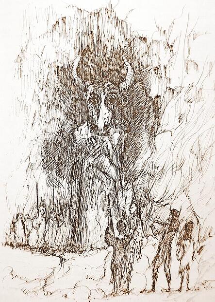 G&ouml;tzenstatue in der Witzenh&ouml;hle, Illustration von Eva Thiele (in Sepia ver&auml;ndert), aus Heinz B&uuml;ttner: Sagen, Legenden und Geschichten aus der Fr&auml;nkischen Schweiz, Ebermannstadt 1988, S. 245.