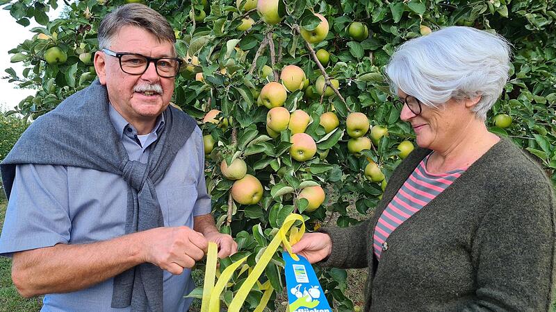 Roland und Andrea Schmitt bringen ein gelbes Band und einen Anhänger an einem Baum an.Forchheim & Fränkische Schweiz Roland und Andrea Schmitt bringen ein gelbes Band und einen Anhänger an einem Baum an.Forchheim & Fränkische Schweiz