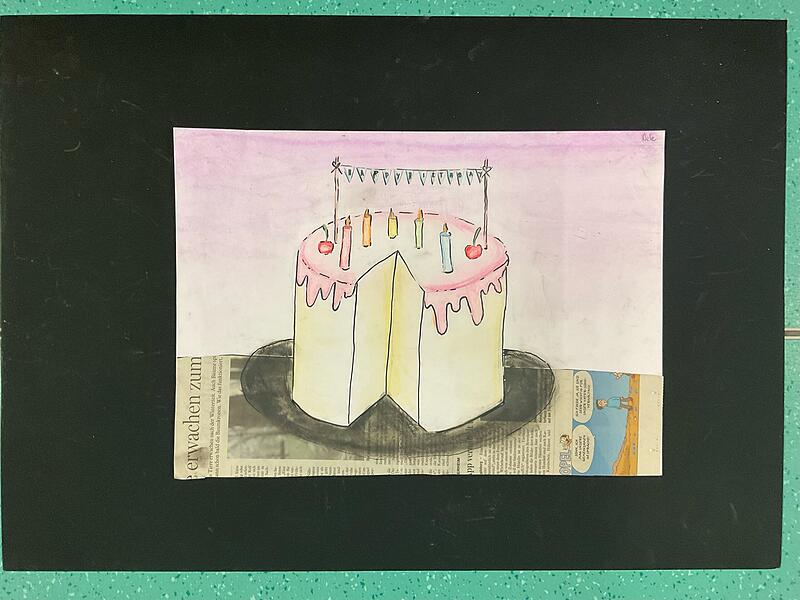 Gleich zwei K&uuml;nstler inspirierten Nele aus der Klasse 5e der Realschule Hirschaid zu ihrer Geburtstagstorte: Juan Gris und Wayne Thiebaud. Nele tritt in deren Fu&szlig;stapfen und kann sich &uuml;ber den 3. Platz im Einzelwettbewerb freuen.