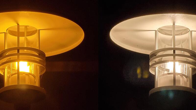 In Lautertal sollen bald nur noch LED-Lampen (rechts, links: Natriumdampflampe) stehen, aber die Förderanträge dafür sind so kompliziert, dass der Gemeinderat erst mal eine Entscheidung vertagt hat.
