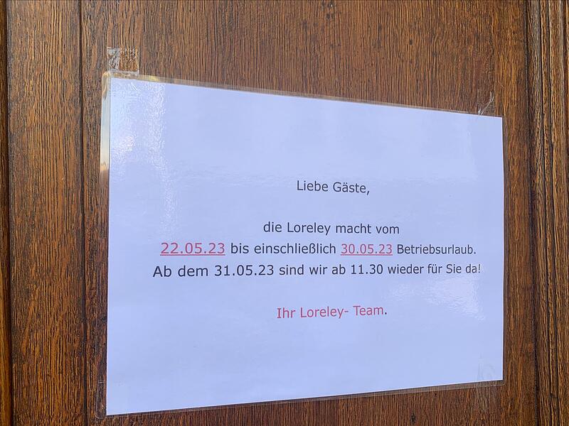 Hinweis an der Eingangstür: Die „Loreley“ in Coburg bleibt bis nach Pfingsten geschlossen. Hinweis an der Eingangstür: Die „Loreley“ in Coburg bleibt bis nach Pfingsten geschlossen.