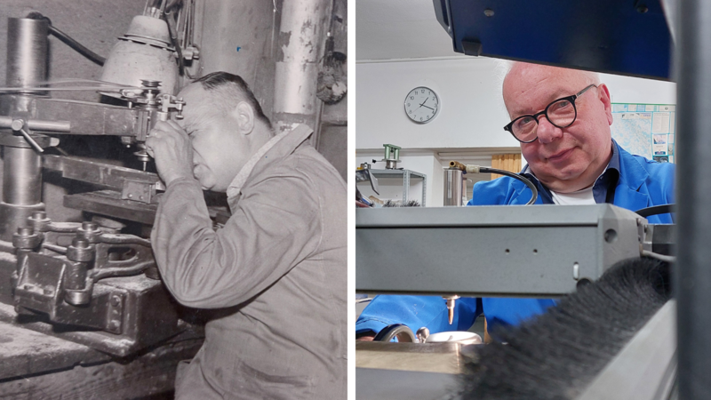 Zwei M&auml;nner, ein Gesch&auml;ft: Gr&uuml;nder Emil Schmidt, 1956, und zweiter Nachfolger Thomas Gleixner, 2024.