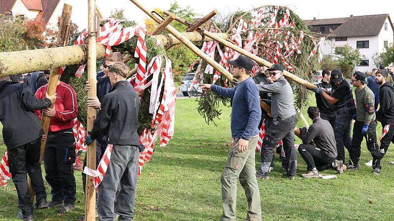 Die Hallerndorfer Kirchweihburschen stellen den Baum auf, Johannes Bauer (vorne) hat das Kommando.Forchheim & Fr&auml;nkische Schweiz
