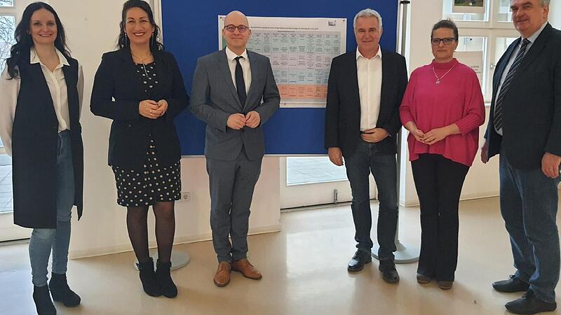 von links: Andrea Beck (Lehrerin und Projektleitung), Christina Scheit (Elternbeiratsvorsitzende),  J&uuml;rgen Vogel (Oberb&uuml;rgermeister), Thomas Schlereth (Bundesagentur f&uuml;r Arbeit), Doreen Matzke (F&ouml;rderverein), Hans-J&uuml;rgen Hanna (Rektor)