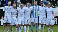 Beim Relegationsspiel gegen den FC Coburg II verabschiedete der FC Burgkunstadt die Spieler, die den Verein verlassen oder pausieren: Hannes Kern, Maximilian Stammberger, Moritz Baldauf, Johannes Freitag, Leon Thum, Jannik Endres und Marius Zachmann (von links).