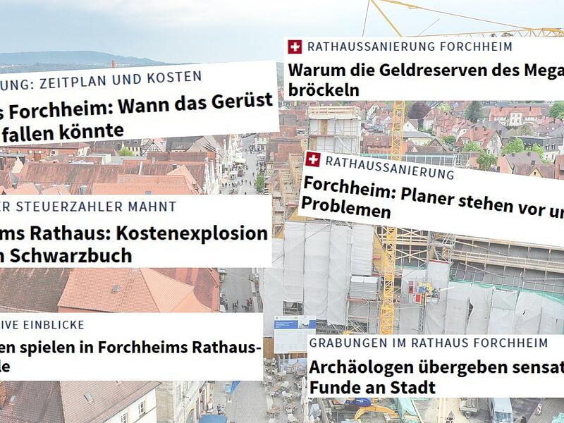 Seit f&uuml;nf Jahren ist das historische Rathaus Forchheims gr&ouml;&szlig;te Baustelle. Seit dieser Aufnahme im Jahr 2022 hat sich zwar einiges getan, aber das Mammutprojekt ist l&auml;ngst nicht im Ziel. Kostenexplosion, Verz&ouml;gerungen und arch&auml;ologische Wunder: Was bislang alles geschehen ist.