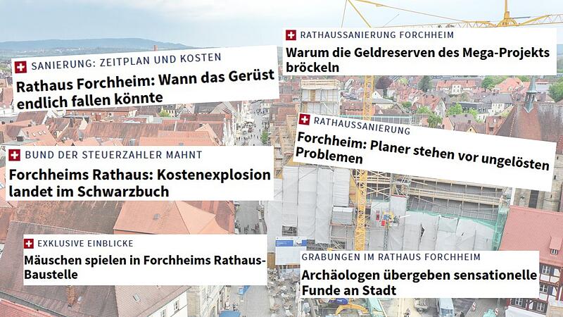 Seit fünf Jahren ist das historische Rathaus Forchheims größte Baustelle. Seit dieser Aufnahme im Jahr 2022 hat sich zwar einiges getan, aber das Mammutprojekt ist längst nicht im Ziel. Kostenexplosion, Verzögerungen und archäologische Wunder: Was bislang alles geschehen ist.