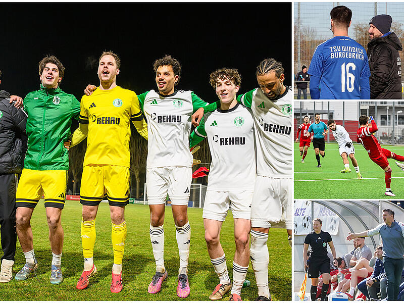 Der SC Eltersdorf k&ouml;nnte sich am Wochenende schon zum Bayernliga-Meister kr&ouml;nen, w&auml;hrend der TSV Burgebrach (rechts oben) und der TSV M&ouml;nchr&ouml;den (rechts unten) den direkten Klassenerhalt eint&uuml;ten k&ouml;nnten. Der FC Coburg (rechts Mitte) dagegen k&ouml;nnte sich endg&uuml;ltig in die Relegation ballern.