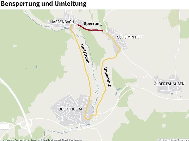 Umleitungsplan f&uuml;r die Stra&szlig;ensperrung der K18 zwischen Hassenbach und Schlimpfhof.