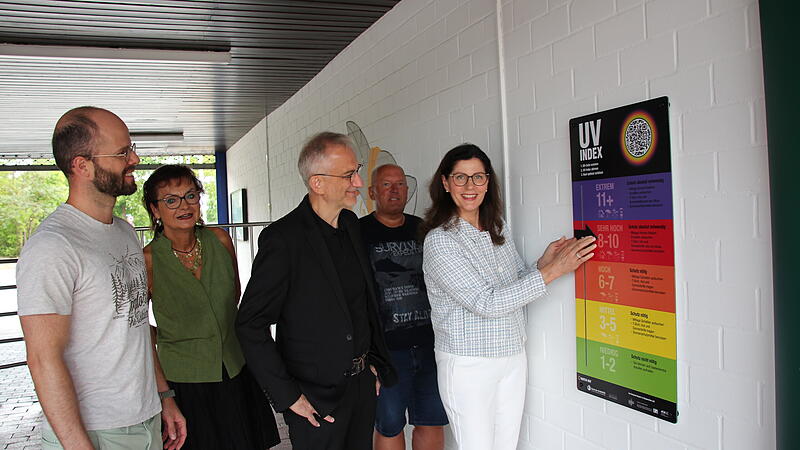 Annette Lips (rechts) von der AOK stellte Mitarbeitern der Stadtverwaltung und dem B&uuml;rgermeister von H&ouml;chstadt die neue UV-Index-Tafel im H&ouml;chstadter Freibad vor. Von links: Maximilian Br&ouml;nner, Andrea Sch&uuml;tz, Alexander Schulz und Hans-Peter Philipp.