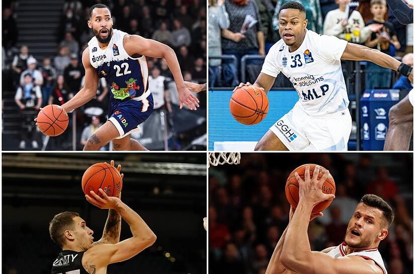 Die schärfsten Bamberger Play-off-Rivalen sind die Rostock Seawolves (oben links Nijal Pearson), die MLP Academics Heidelberg (oben rechts Eric Washington), die Chemnitz Niners (unten links Marko Filipovity) und die Würzburg Baskets (Filip Stanic ...